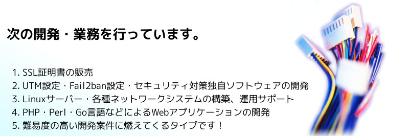 エスロジカルは、さいたま市浦和区にあるシステム開発会社です。 1. SSL証明書の販売 2. UTM設定・Fail2ban設定・セキュリティ対策独自ソフトウェアの開発 3. Linuxサーバー・各種ネットワークシステムの構築、運用サポート 4. PHP・Perl・Go言語などによるWebアプリケーションの開発 5. 上記に関する各種コンサルティング